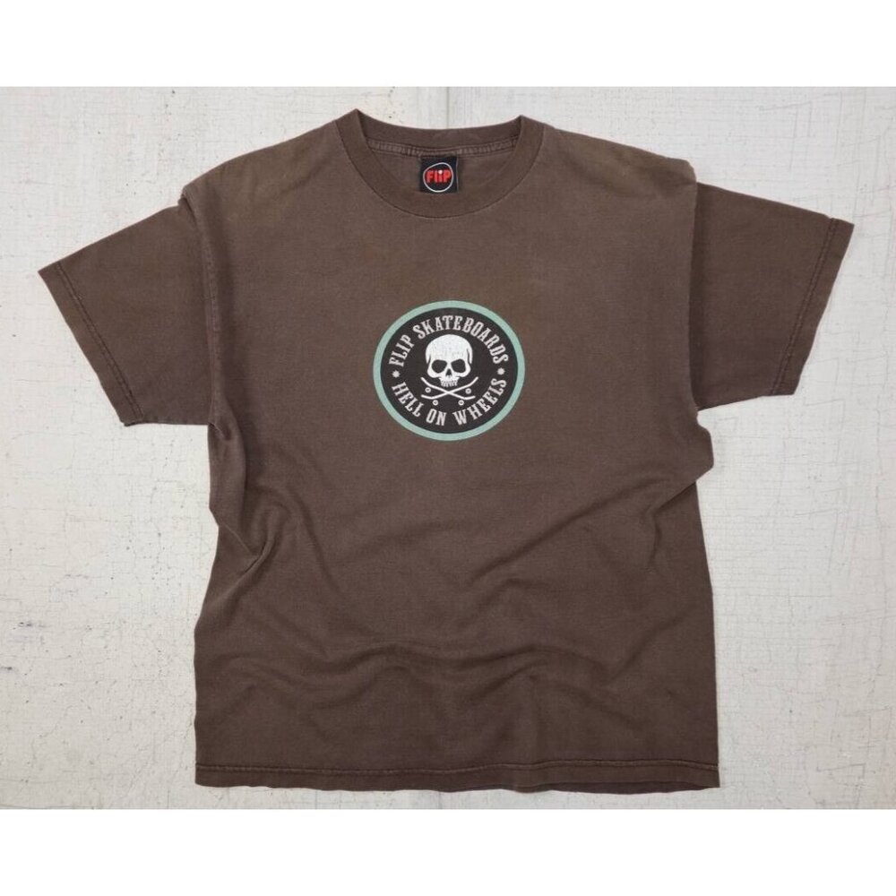 Vintage 90s Flip Skateboards Hell On Wheels Skate Skull T Shirt Brown Sz Large